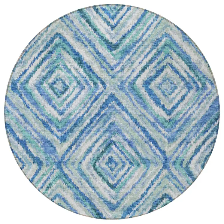8' Denim Blue And Green Round Geometric Washable Indoor Outdoor Area Rug
