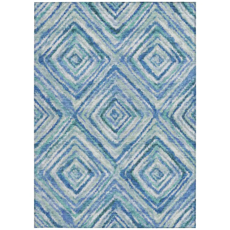 8' X 10' Denim Blue And Green Geometric Washable Indoor Outdoor Area Rug