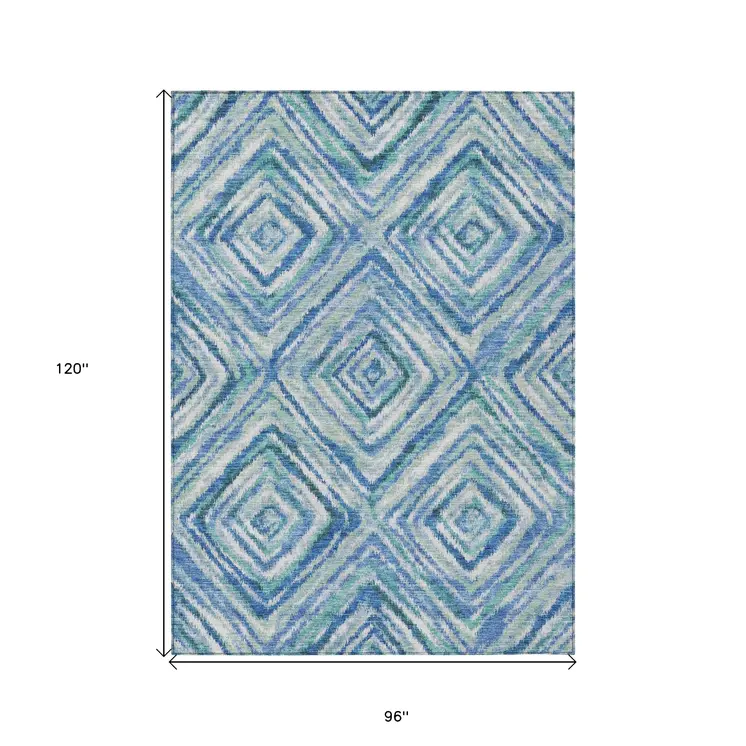 8' X 10' Denim Blue And Green Geometric Washable Indoor Outdoor Area Rug