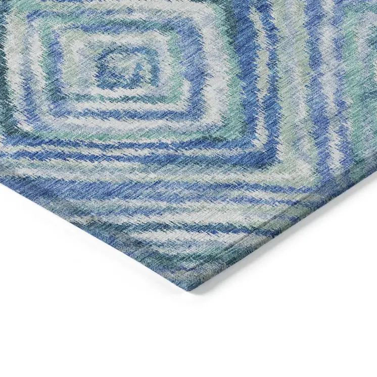 8' X 10' Denim Blue And Green Geometric Washable Indoor Outdoor Area Rug