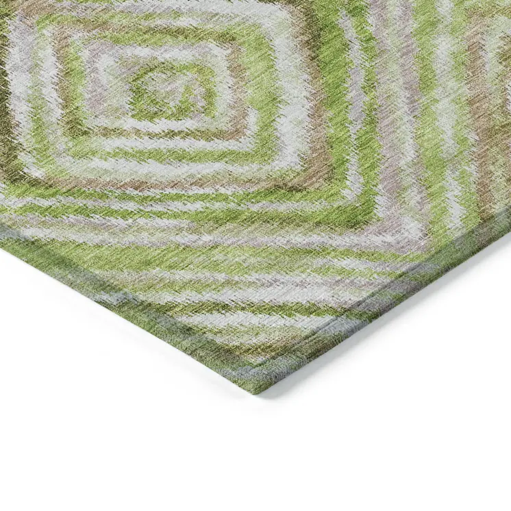 3' X 5' Artichoke Green And Brown Geometric Washable Indoor Outdoor Area Rug
