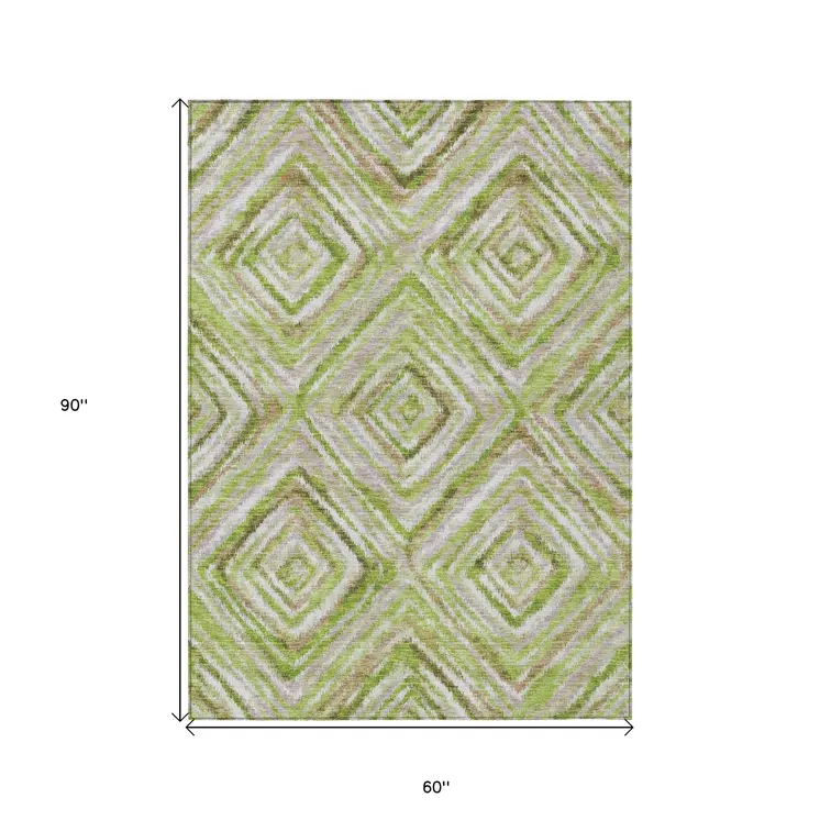 5' X 8' Artichoke Green And Brown Geometric Washable Indoor Outdoor Area Rug