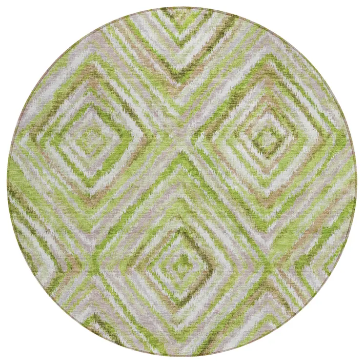 8' Artichoke Green And Brown Round Geometric Washable Indoor Outdoor Area Rug