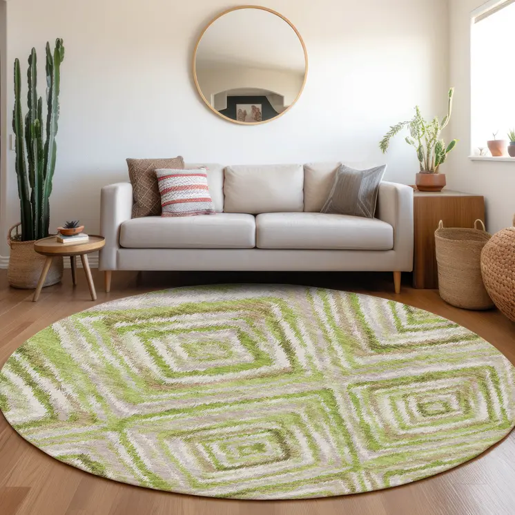 8' Artichoke Green And Brown Round Geometric Washable Indoor Outdoor Area Rug