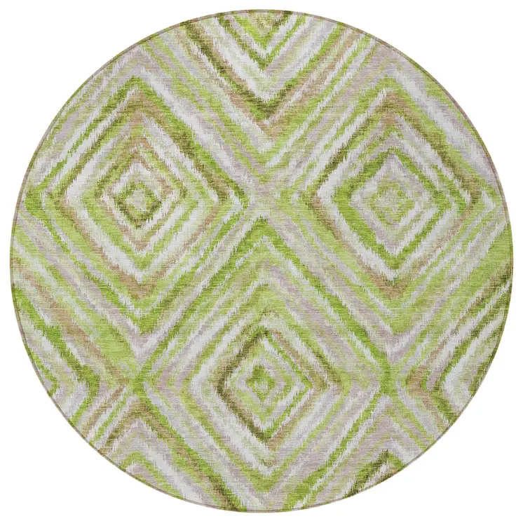 8' Artichoke Green And Brown Round Geometric Washable Indoor Outdoor Area Rug