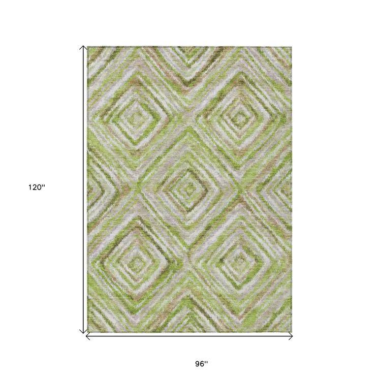 8' X 10' Artichoke Green And Brown Geometric Washable Indoor Outdoor Area Rug
