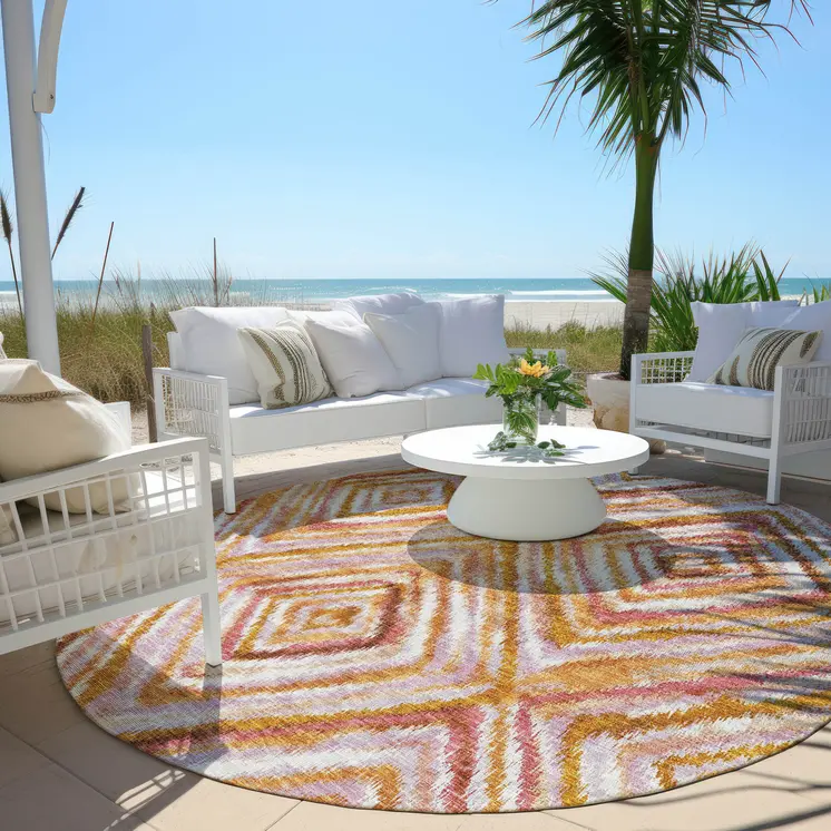 8' Orange Copper And Gold Round Geometric Washable Indoor Outdoor Area Rug