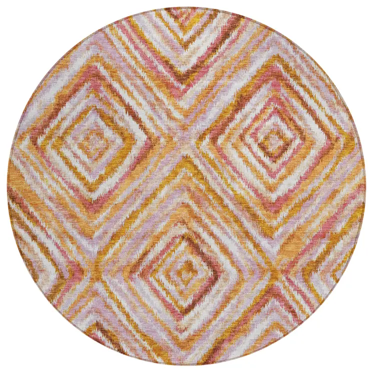 8' Orange Copper And Gold Round Geometric Washable Indoor Outdoor Area Rug
