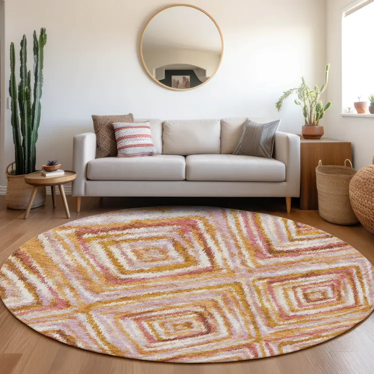 8' Orange Copper And Gold Round Geometric Washable Indoor Outdoor Area Rug