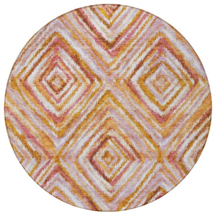 8' Orange Copper And Gold Round Geometric Washable Indoor Outdoor Area Rug
