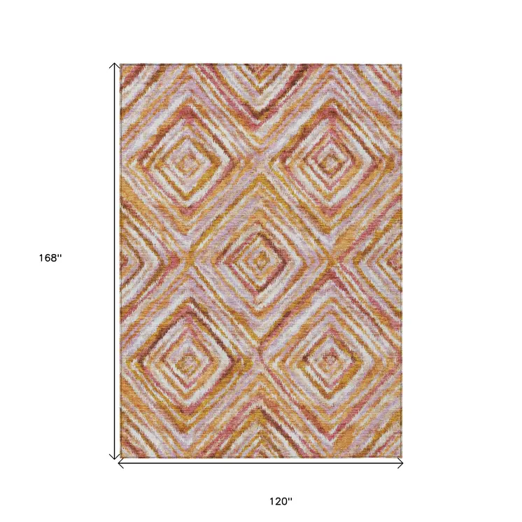 10' X 14' Orange Copper And Gold Geometric Washable Indoor Outdoor Area Rug