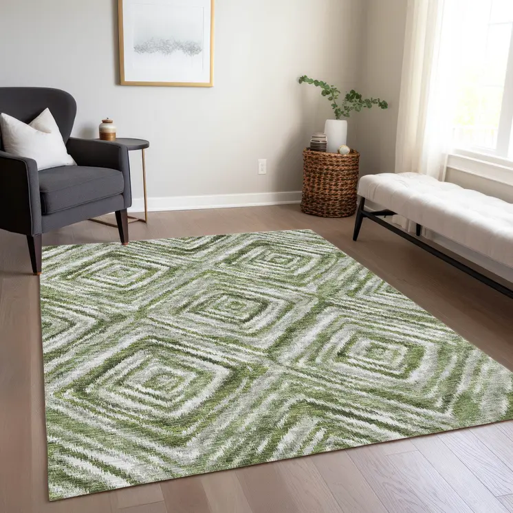 3' X 5' Artichoke Green And Sage Geometric Washable Indoor Outdoor Area Rug