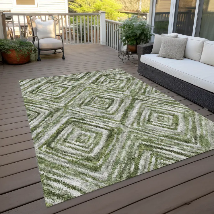 3' X 5' Artichoke Green And Sage Geometric Washable Indoor Outdoor Area Rug