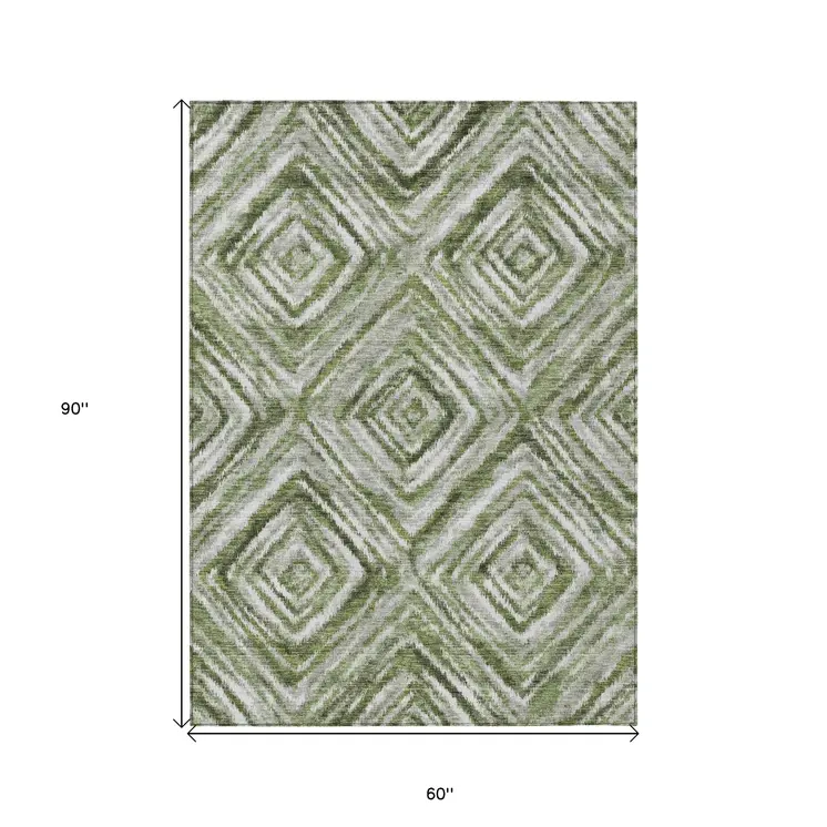 5' X 8' Artichoke Green And Sage Geometric Washable Indoor Outdoor Area Rug