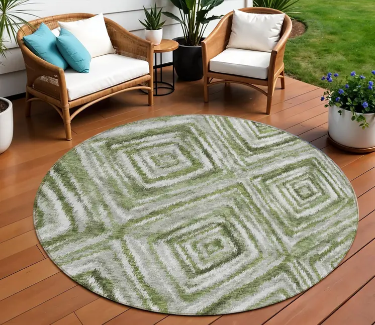 8' Artichoke Green And Sage Round Geometric Washable Indoor Outdoor Area Rug