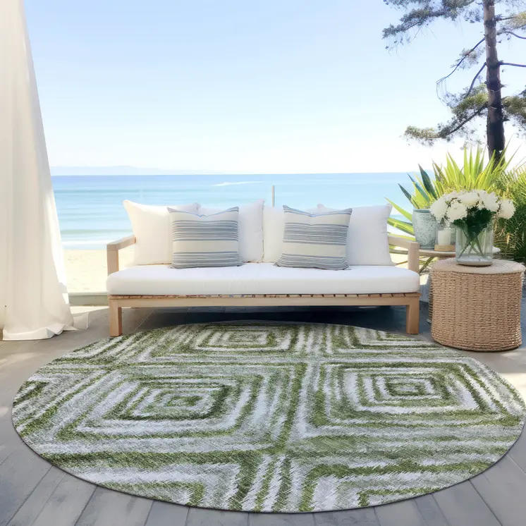 8' Artichoke Green And Sage Round Geometric Washable Indoor Outdoor Area Rug