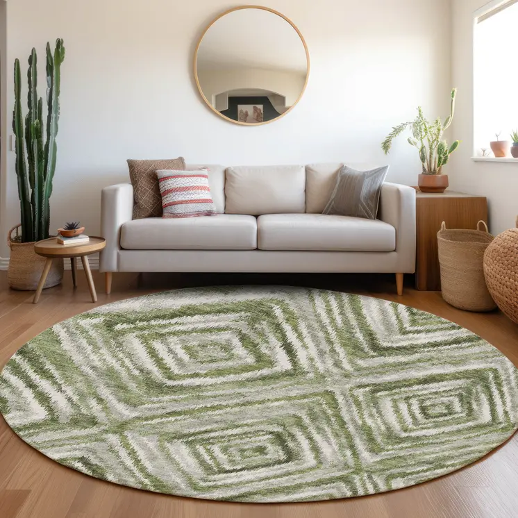 8' Artichoke Green And Sage Round Geometric Washable Indoor Outdoor Area Rug