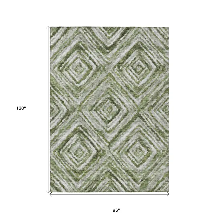 8' X 10' Artichoke Green And Sage Geometric Washable Indoor Outdoor Area Rug