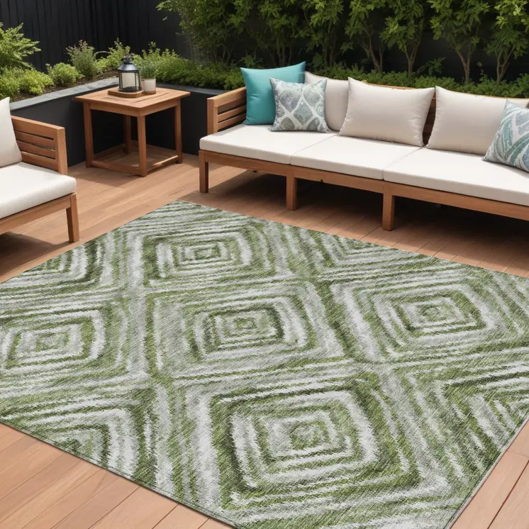 8' X 10' Artichoke Green And Sage Geometric Washable Indoor Outdoor Area Rug