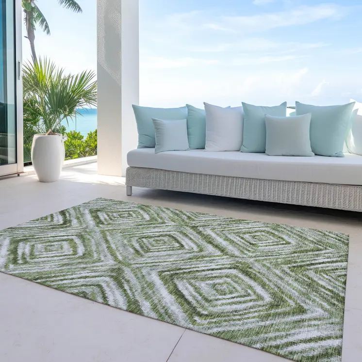 8' X 10' Artichoke Green And Sage Geometric Washable Indoor Outdoor Area Rug
