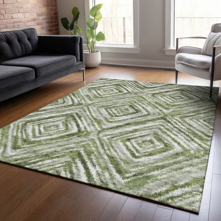 8' X 10' Artichoke Green And Sage Geometric Washable Indoor Outdoor Area Rug