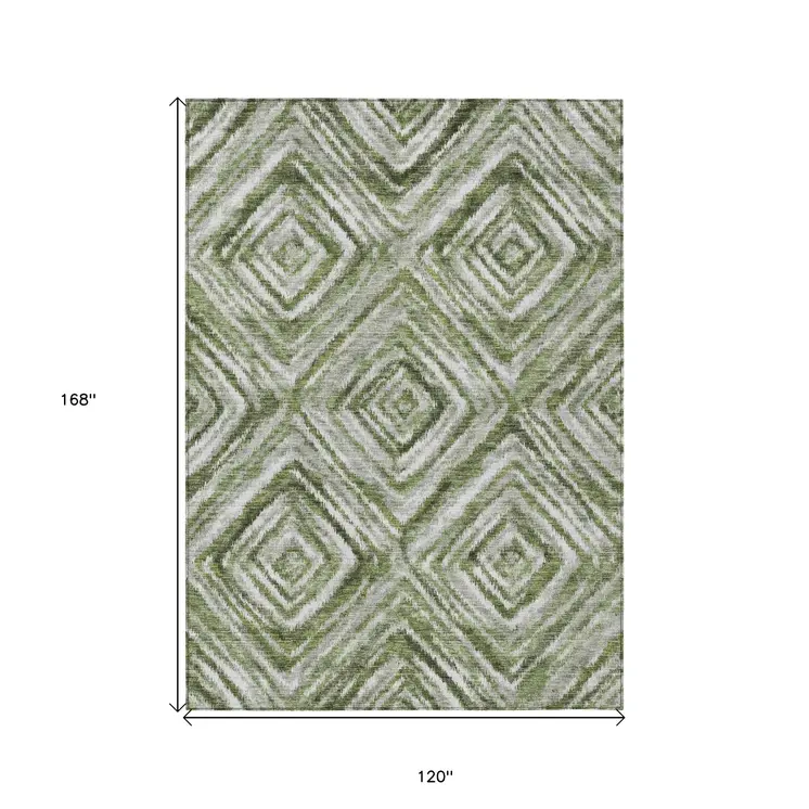 10' X 14' Artichoke Green And Sage Geometric Washable Indoor Outdoor Area Rug