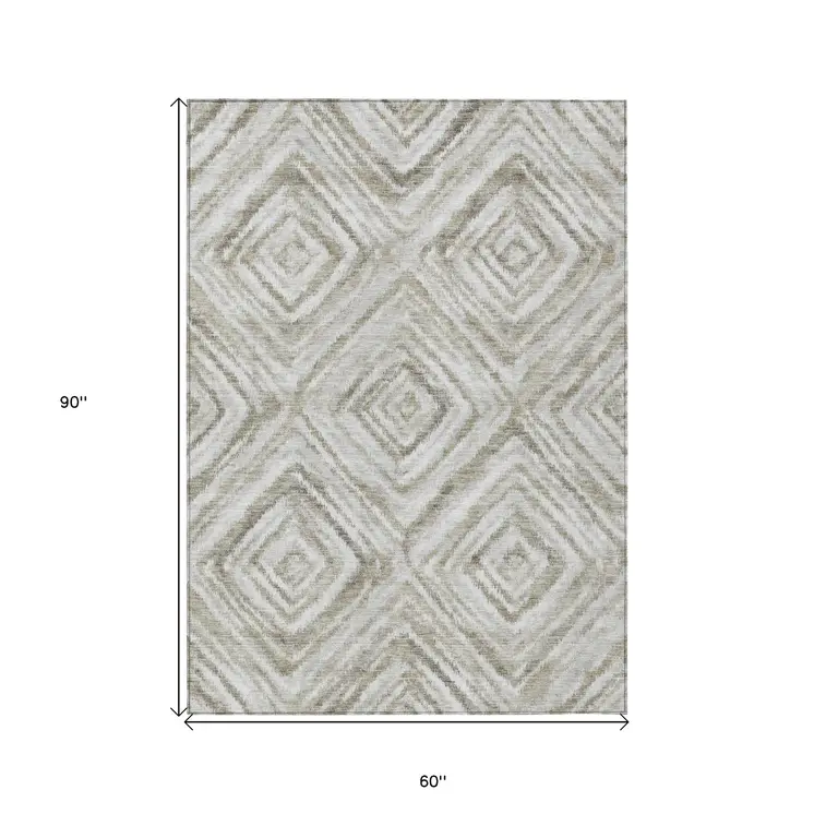 5' X 8' Beige Taupe And Ivory Geometric Washable Indoor Outdoor Area Rug