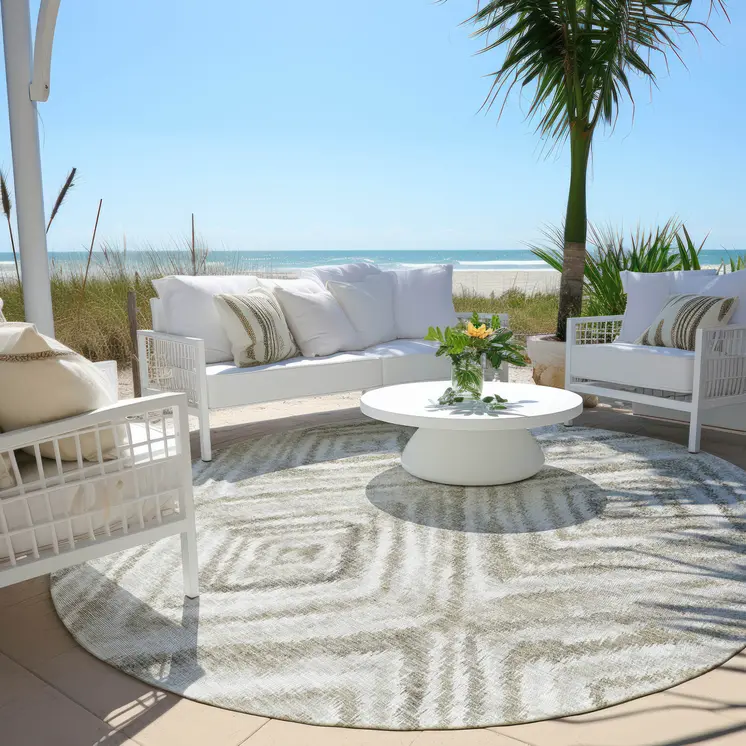 8' Beige Taupe And Ivory Round Geometric Washable Indoor Outdoor Area Rug