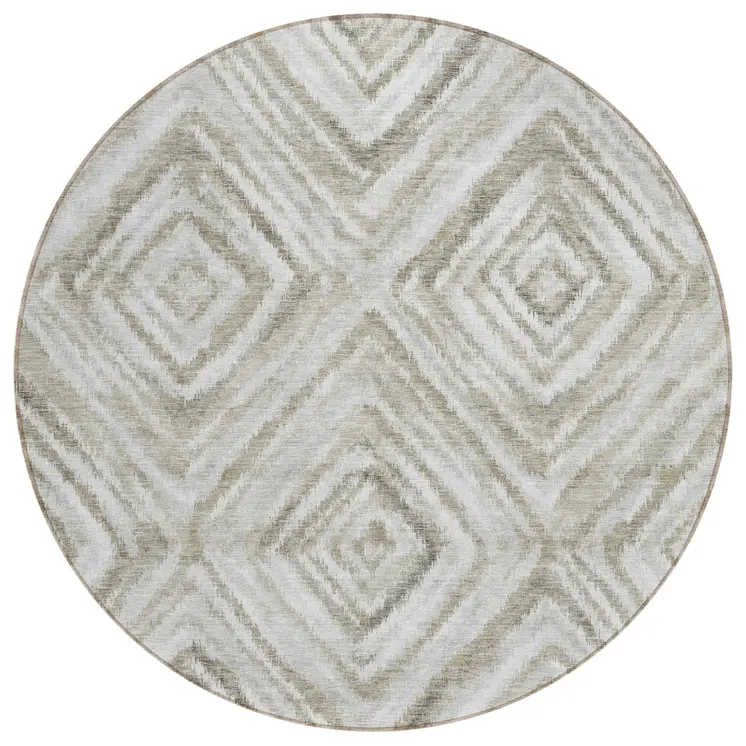 8' Beige Taupe And Ivory Round Geometric Washable Indoor Outdoor Area Rug