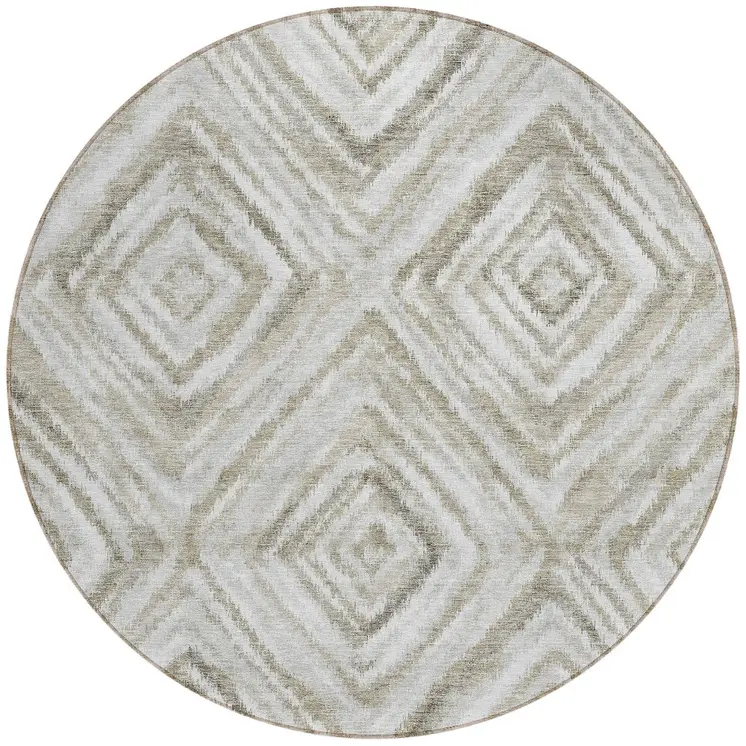 8' Beige Taupe And Ivory Round Geometric Washable Indoor Outdoor Area Rug