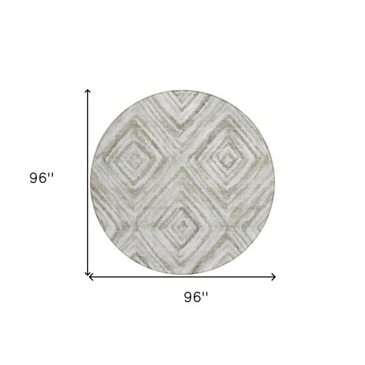 8' Beige Taupe And Ivory Round Geometric Washable Indoor Outdoor Area Rug