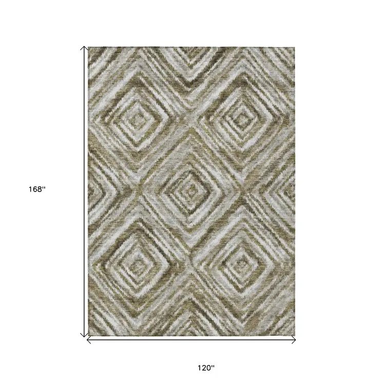 10' X 14' Brown Beige And Ivory Geometric Washable Indoor Outdoor Area Rug