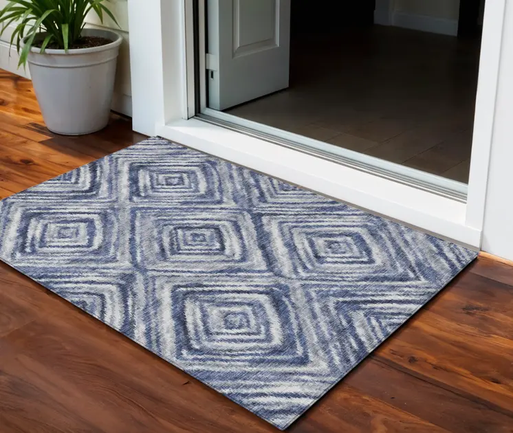 3' X 5' Navy Blue And Sky Blue Geometric Washable Indoor Outdoor Area Rug
