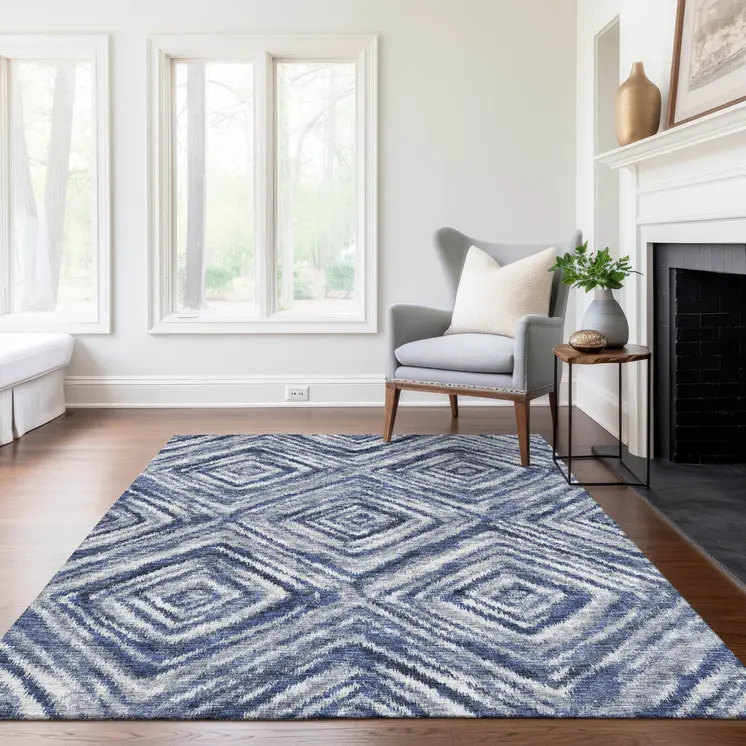 3' X 5' Navy Blue And Sky Blue Geometric Washable Indoor Outdoor Area Rug