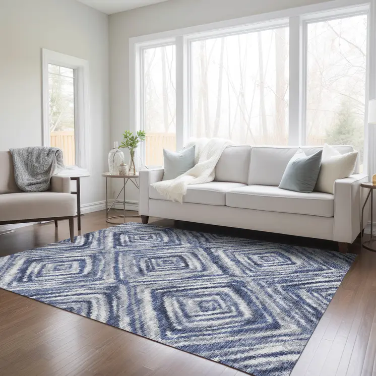 3' X 5' Navy Blue And Sky Blue Geometric Washable Indoor Outdoor Area Rug