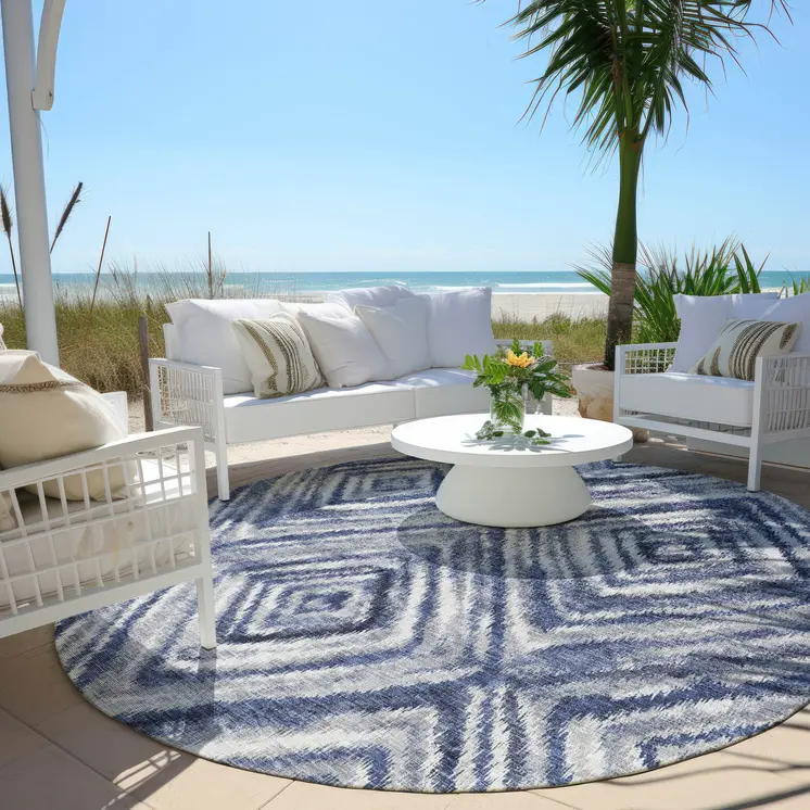 8' Navy Blue And Sky Blue Round Geometric Washable Indoor Outdoor Area Rug