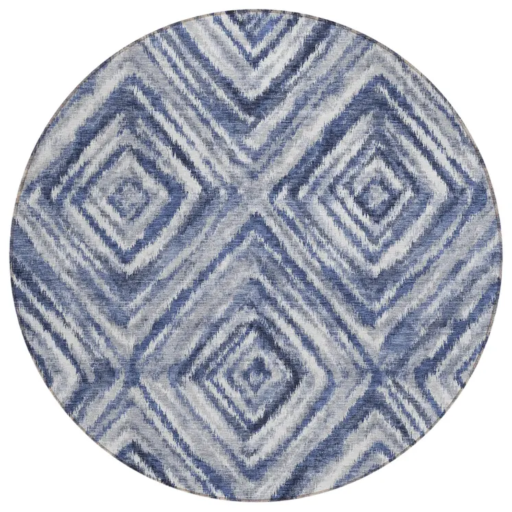 8' Navy Blue And Sky Blue Round Geometric Washable Indoor Outdoor Area Rug