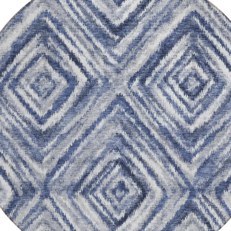 8' Navy Blue And Sky Blue Round Geometric Washable Indoor Outdoor Area Rug