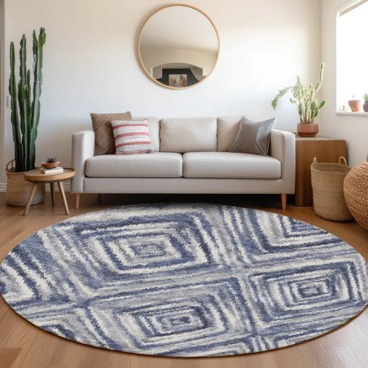 8' Navy Blue And Sky Blue Round Geometric Washable Indoor Outdoor Area Rug