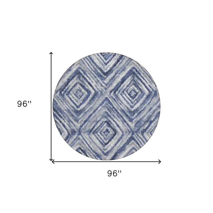 8' Navy Blue And Sky Blue Round Geometric Washable Indoor Outdoor Area Rug