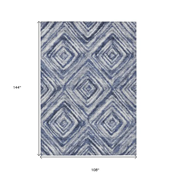 9' X 12' Navy Blue And Sky Blue Geometric Washable Indoor Outdoor Area Rug