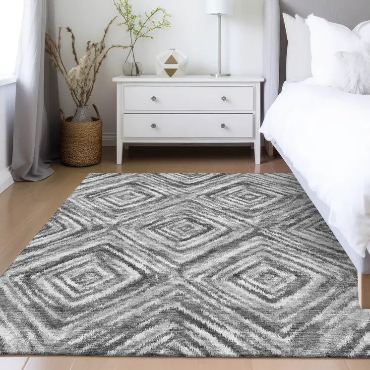 3' X 5' Gray Silver And Ivory Geometric Washable Indoor Outdoor Area Rug