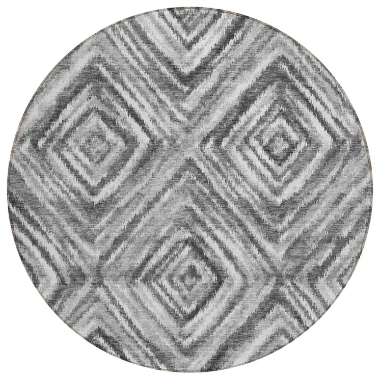 8' Gray Silver And Ivory Round Geometric Washable Indoor Outdoor Area Rug