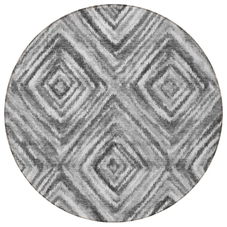 8' Gray Silver And Ivory Round Geometric Washable Indoor Outdoor Area Rug