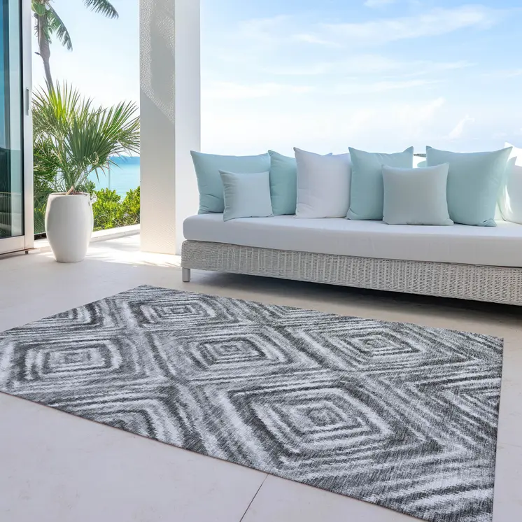 8' X 10' Gray Silver And Ivory Geometric Washable Indoor Outdoor Area Rug