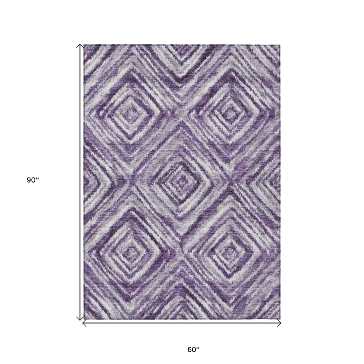 5' X 8' Purple Lavender And Gray Geometric Washable Indoor Outdoor Area Rug