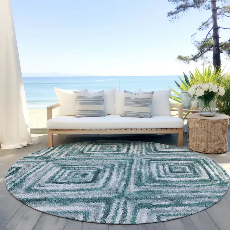 8' Teal Blue Aqua And Gray Round Geometric Washable Indoor Outdoor Area Rug