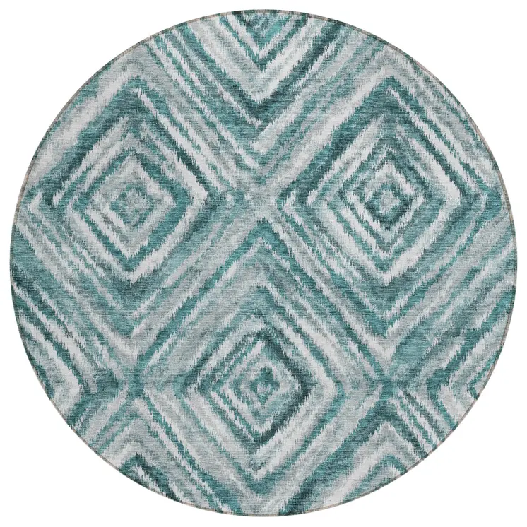 8' Teal Blue Aqua And Gray Round Geometric Washable Indoor Outdoor Area Rug