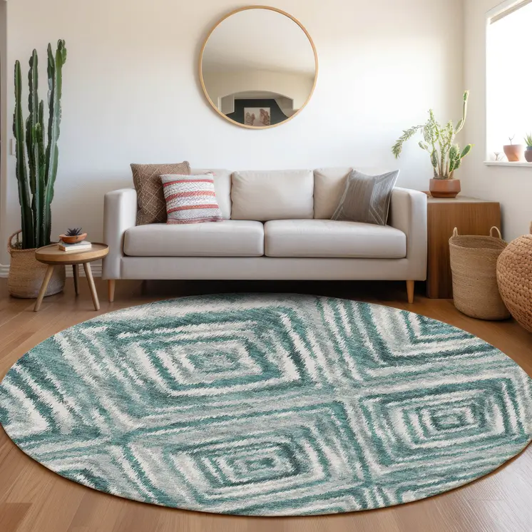8' Teal Blue Aqua And Gray Round Geometric Washable Indoor Outdoor Area Rug