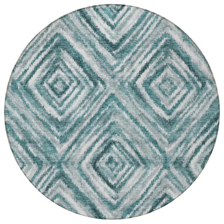 8' Teal Blue Aqua And Gray Round Geometric Washable Indoor Outdoor Area Rug